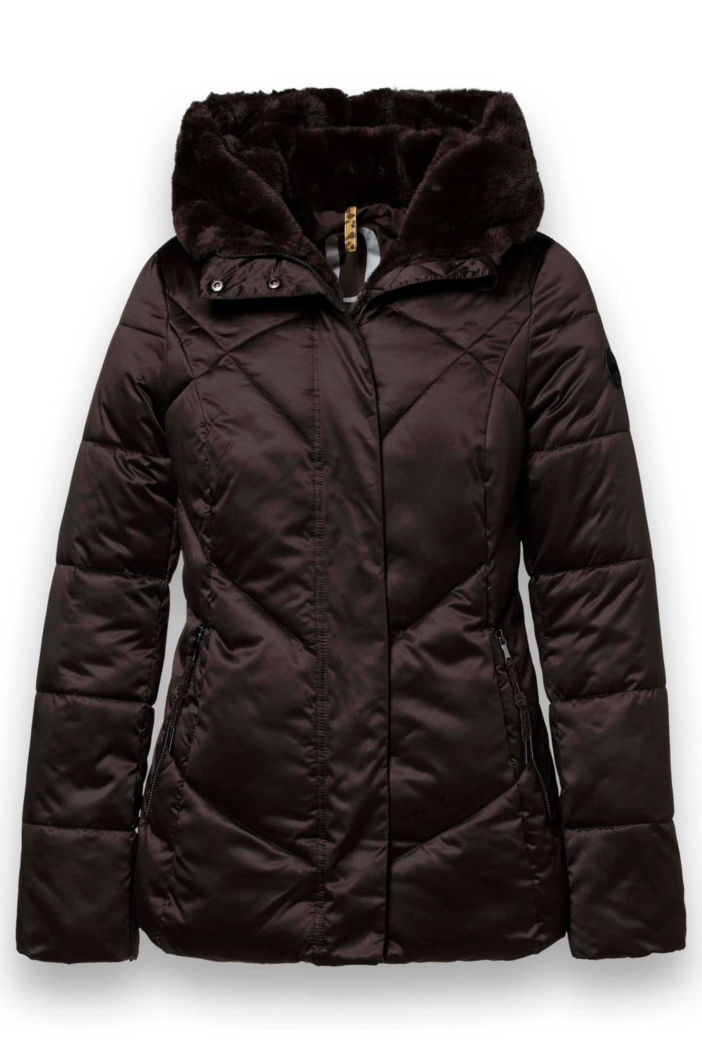 Bruine dames District winterjas van polyester met effen, lange mouwen en capuchon