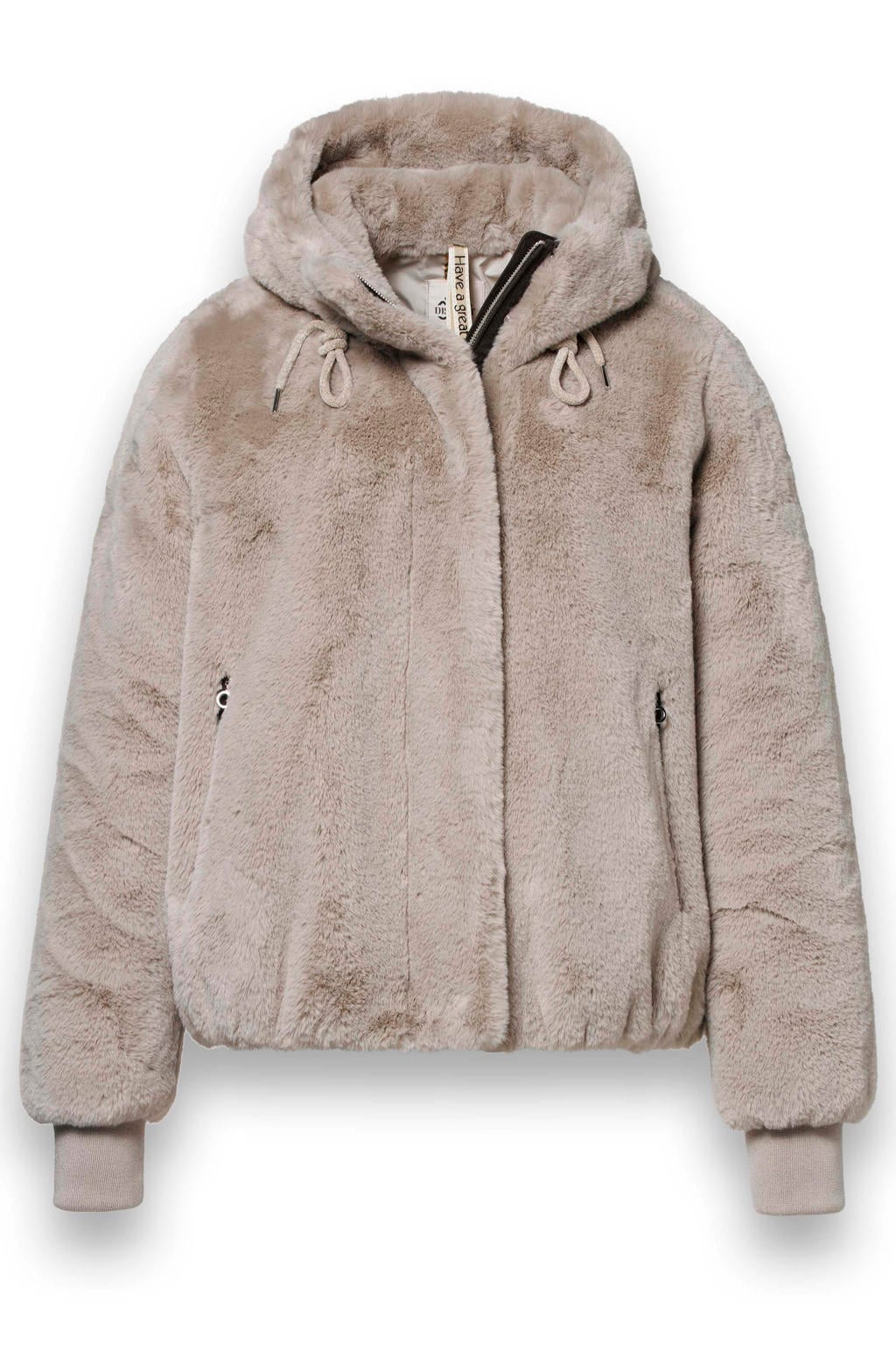 Beige dames District faux fur jas van polyester met effen, lange mouwen, capuchon en geribde boorden