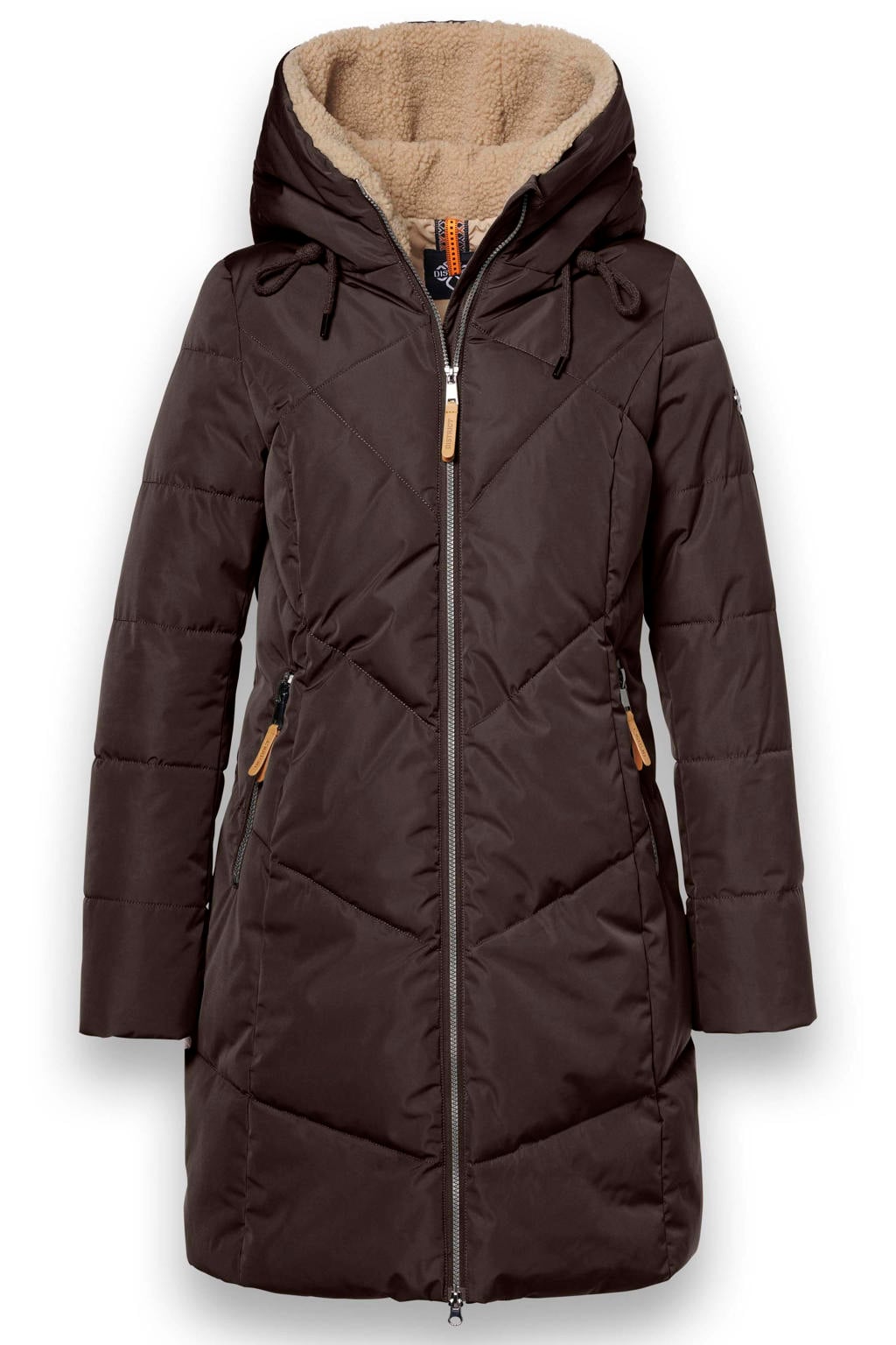 Bruine dames District winterjas van polyester met effen, lange mouwen en capuchon