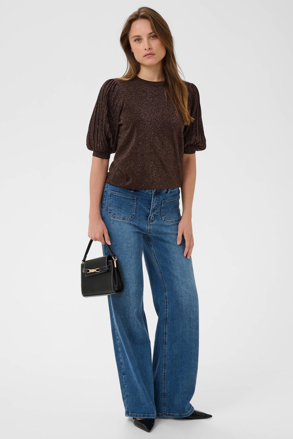 Bruine dames Kaffe viscose trui met effen, half lange mouwen, ronde hals en glitters