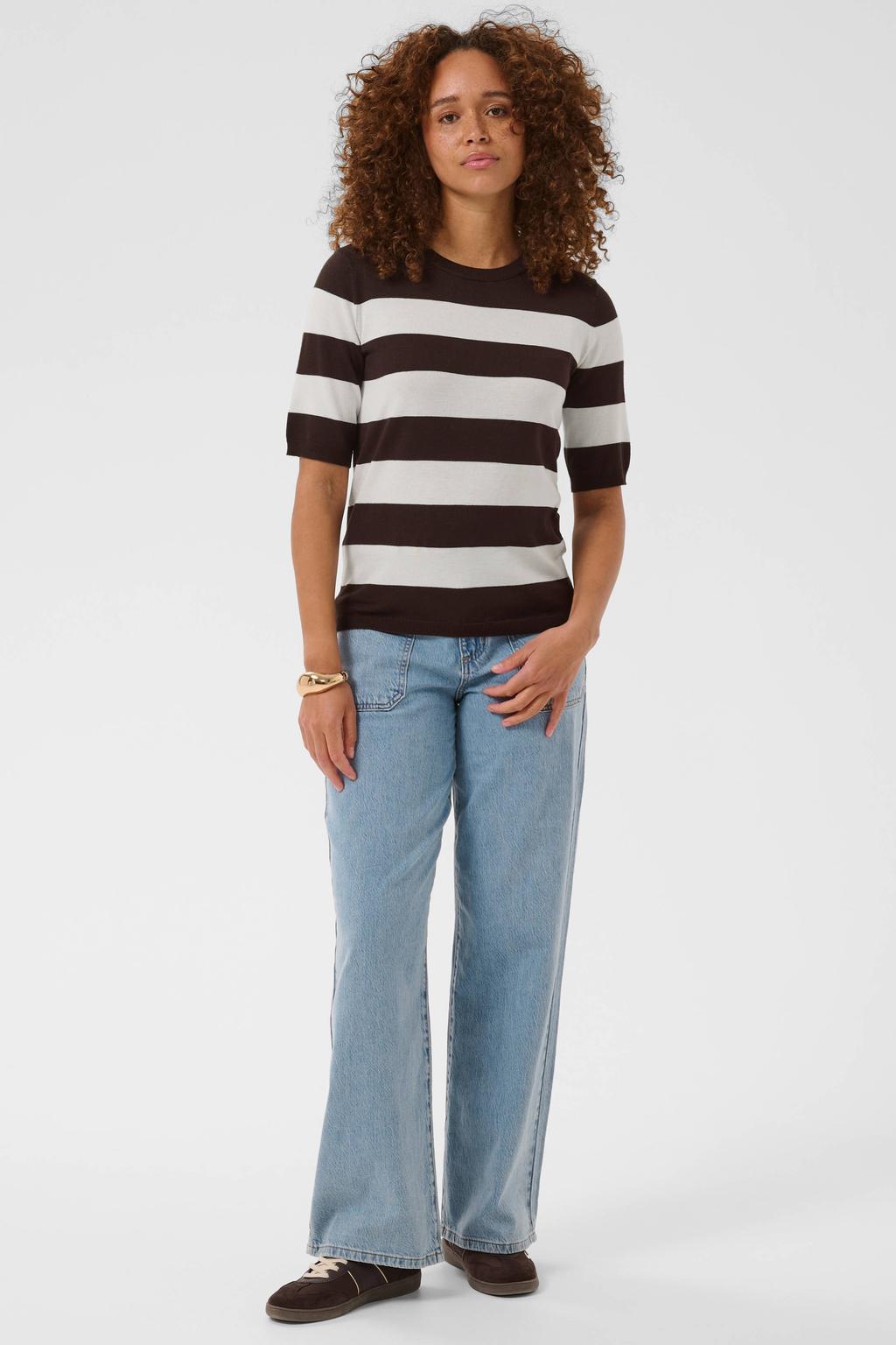 Bruin en witte dames Kaffe gebreide gestreepte top van viscose met korte mouwen en ronde hals