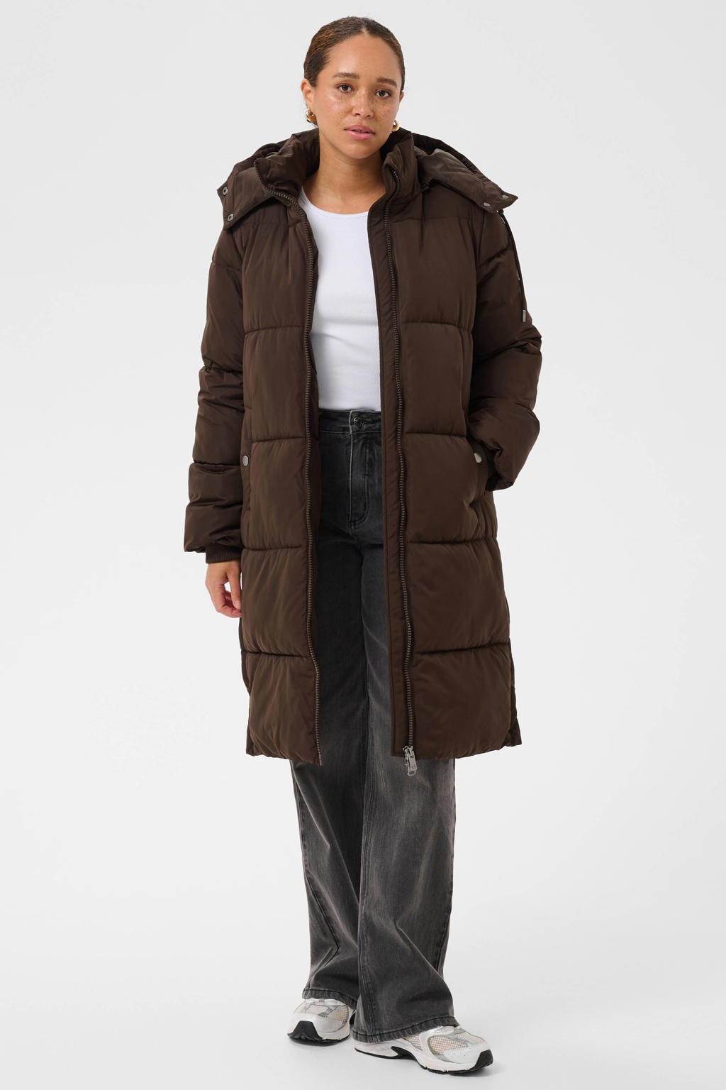 Donkerblauwe dames Kaffe gewatteerde winterjas van polyester met effen, lange mouwen, capuchon en knoopsluiting