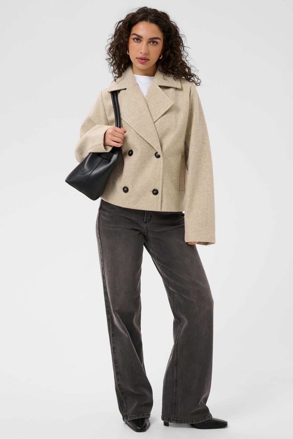 Beige dames Kaffe manteljas van polyester met effen, lange mouwen, reverskraag en knoopsluiting