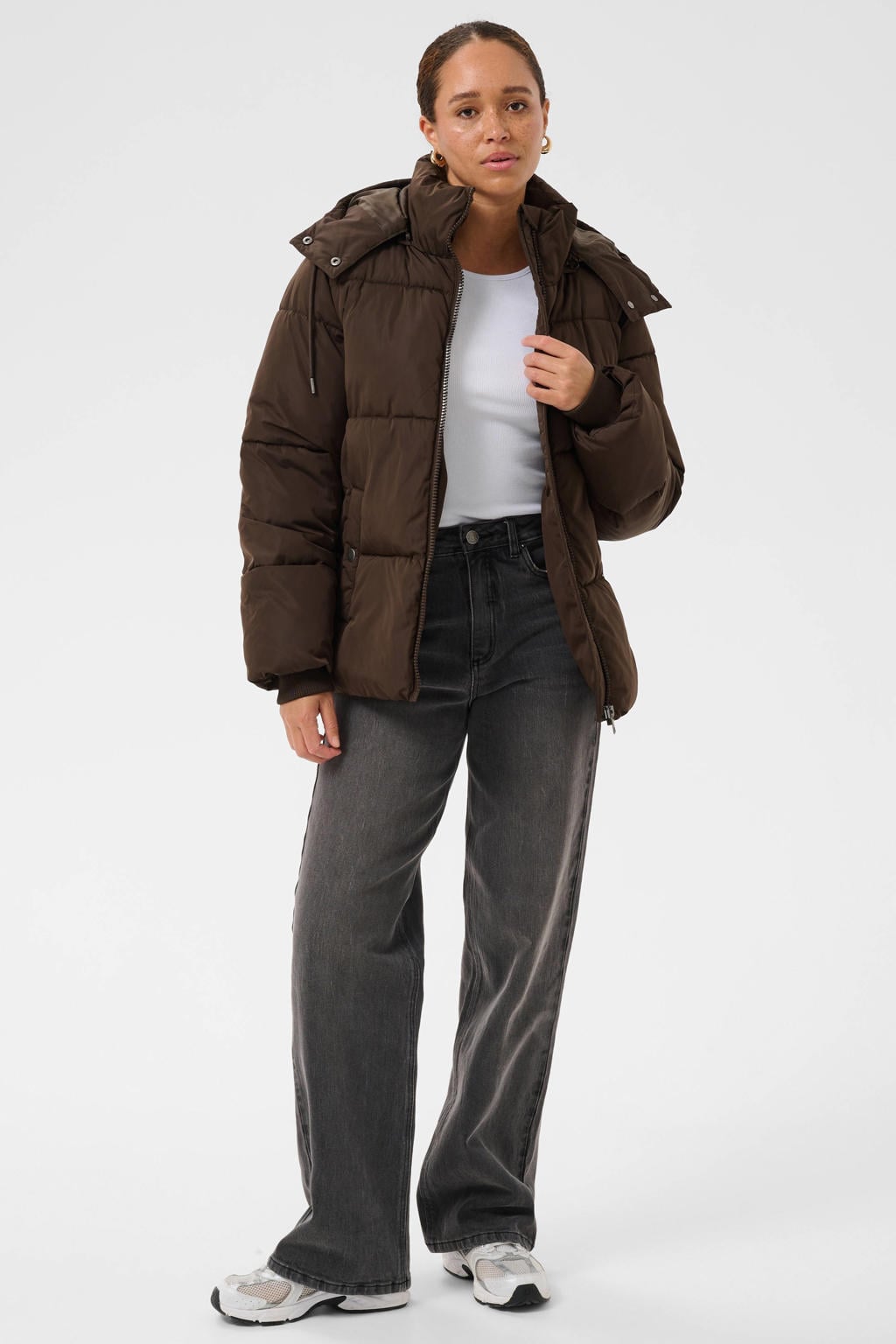 Bruine dames Kaffe gewatteerde winterjas van polyester met effen, lange mouwen, capuchon en knoopsluiting