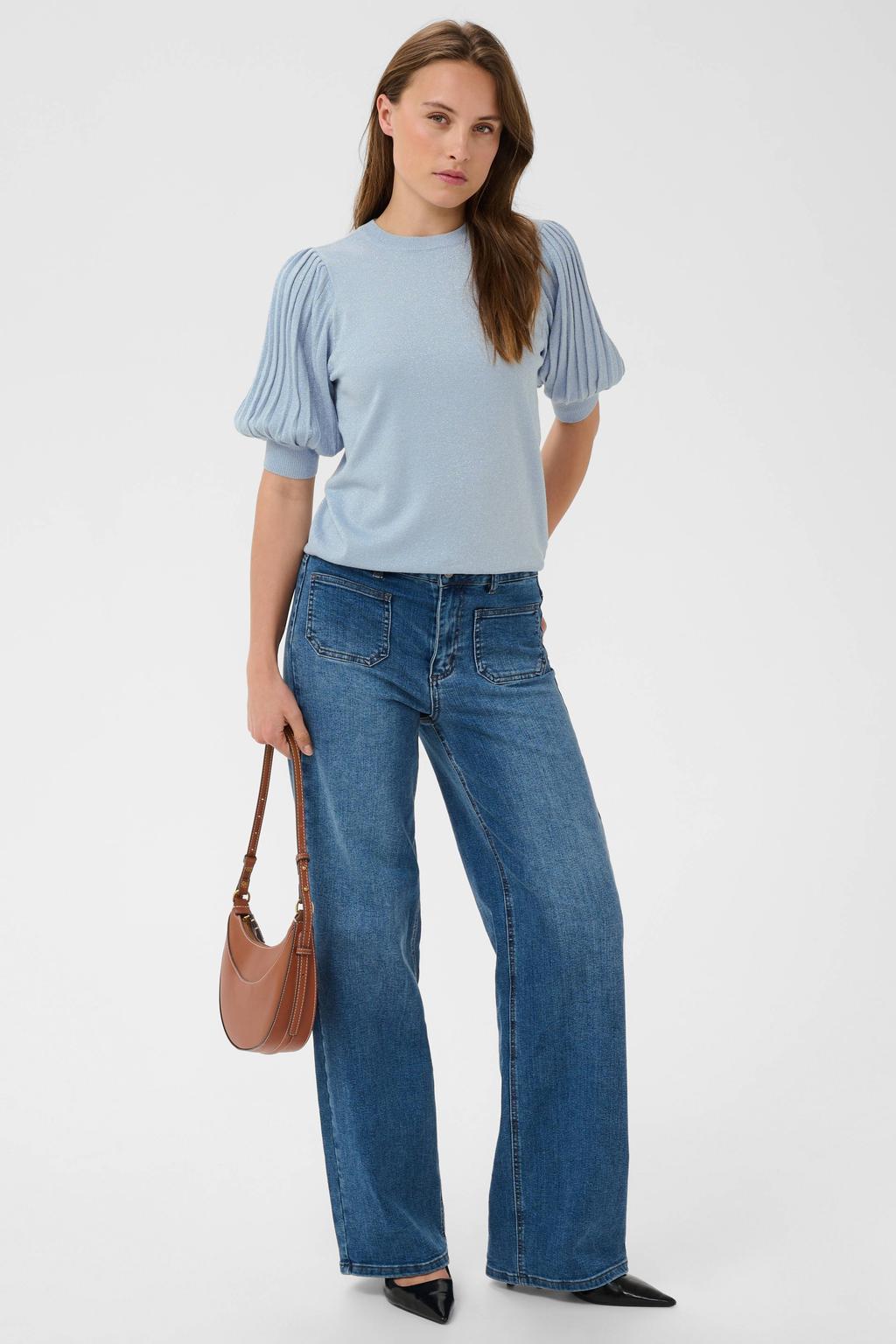 Lichtblauwe dames Kaffe viscose trui met effen, half lange mouwen, ronde hals en glitters