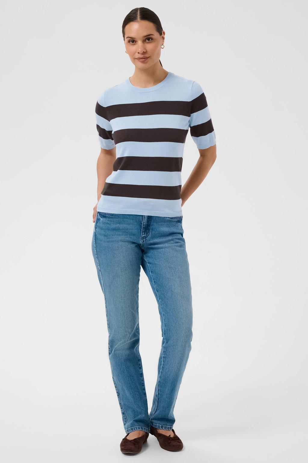 Lichtblauw en bruine dames Kaffe gebreide gestreepte top van viscose met korte mouwen en ronde hals