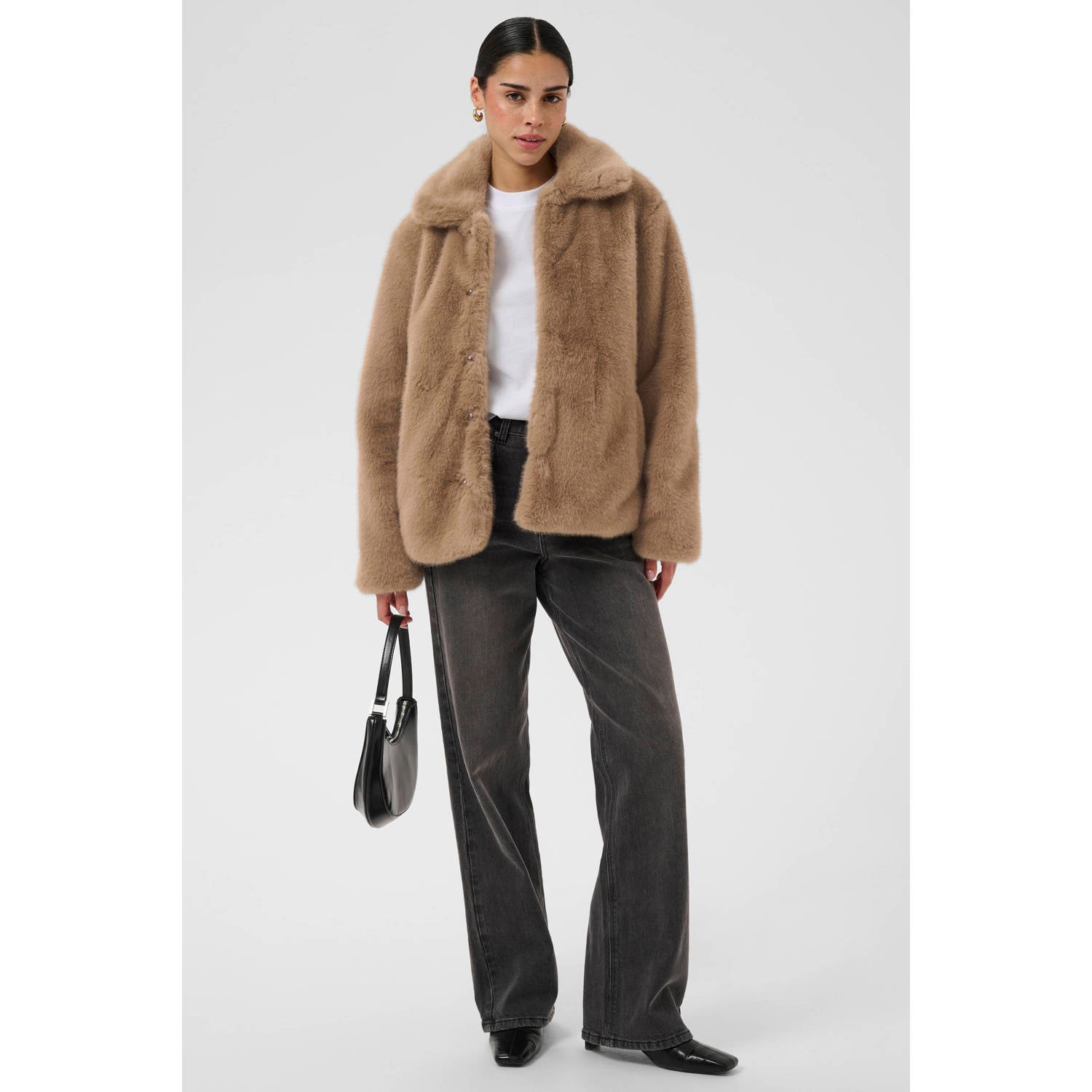 Kaffe imitatiebont faux fur jas met backprint lichtbruin