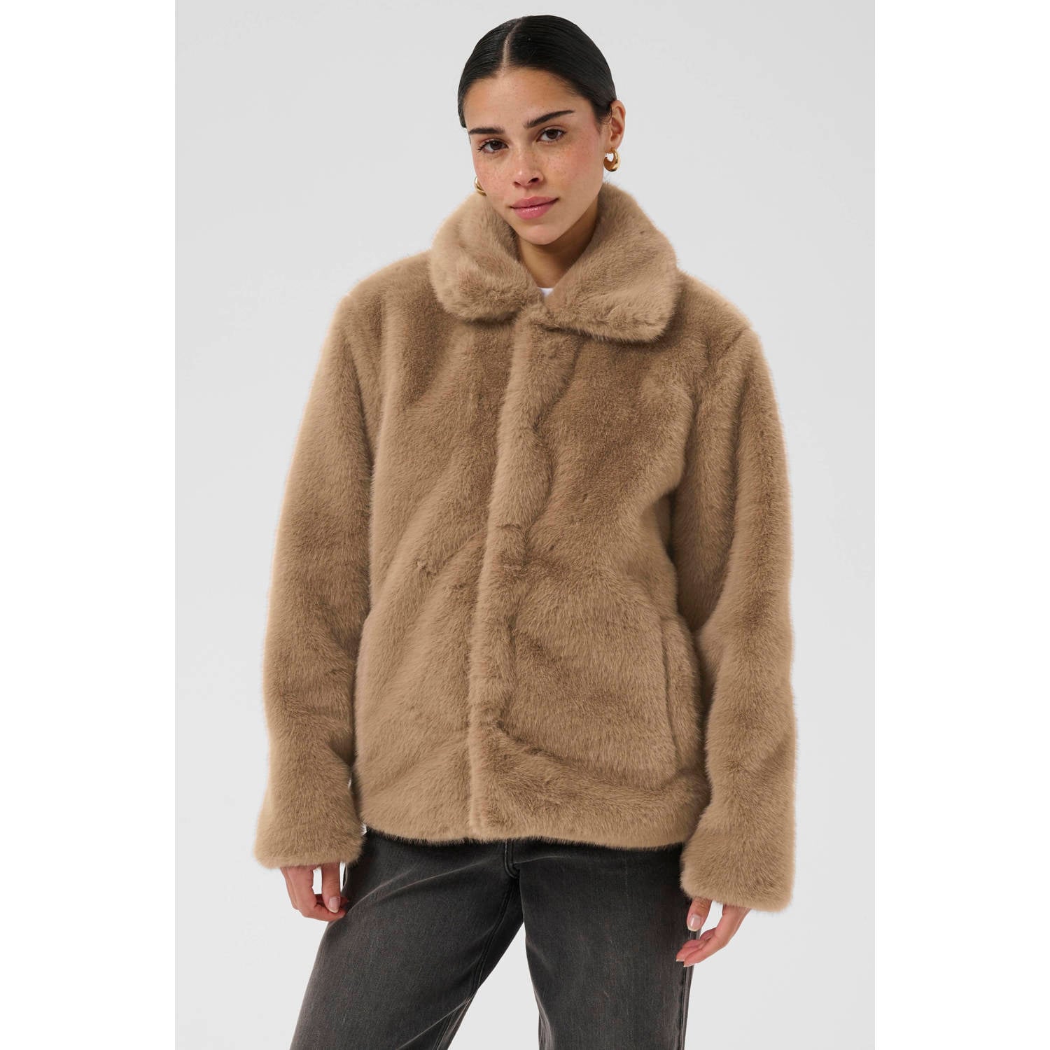 Kaffe imitatiebont faux fur jas met backprint lichtbruin