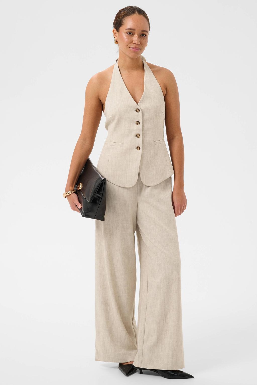 Zandkleurige dames Kaffe wide leg broek met high waist, elastische tailleband met koord en effen