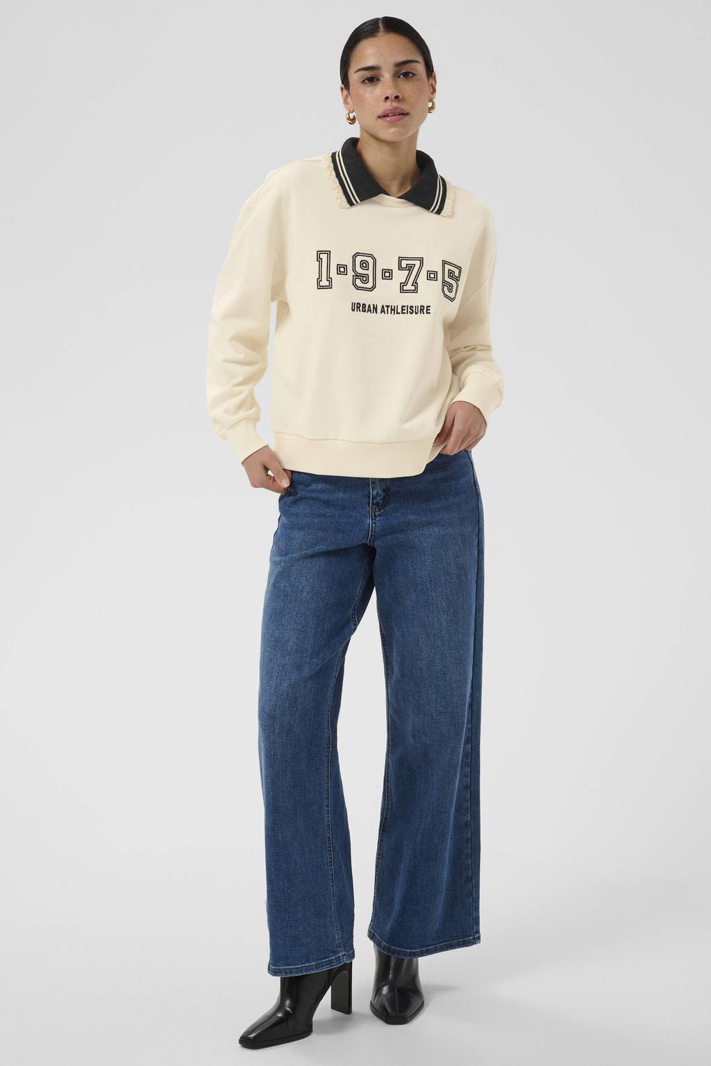 Beige dames Kaffe sweater van katoen met printopdruk, lange mouwen, opstaande kraag en geribde boorden