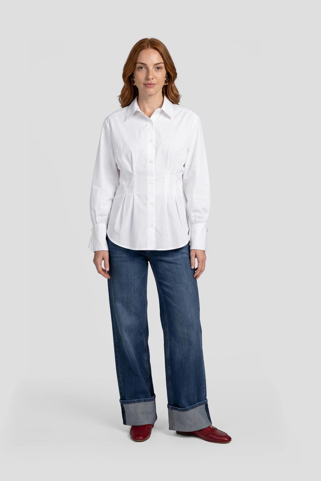 Witte dames Anytime blouse van katoen met effen, lange mouwen, klassieke kraag en knoopsluiting