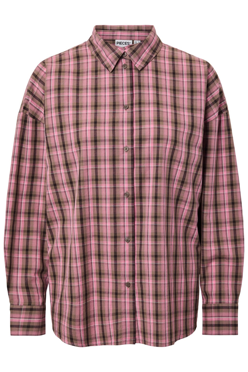 Oudroze, roze en bruine dames PIECES Curve Plus Size geruite blouse van katoen met lange mouwen, klassieke kraag, knoopsluiting en geweven detail