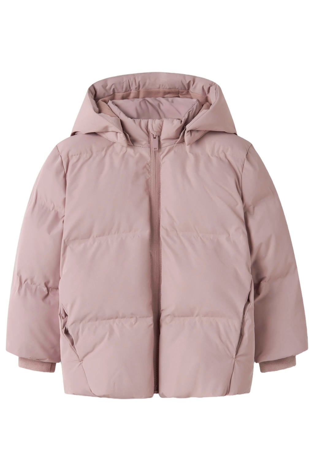 Lichtroze jongens en meisjes NAME IT MINI pufferjas van polyester met effen, lange mouwen, capuchon, ritssluiting en reflecterende details