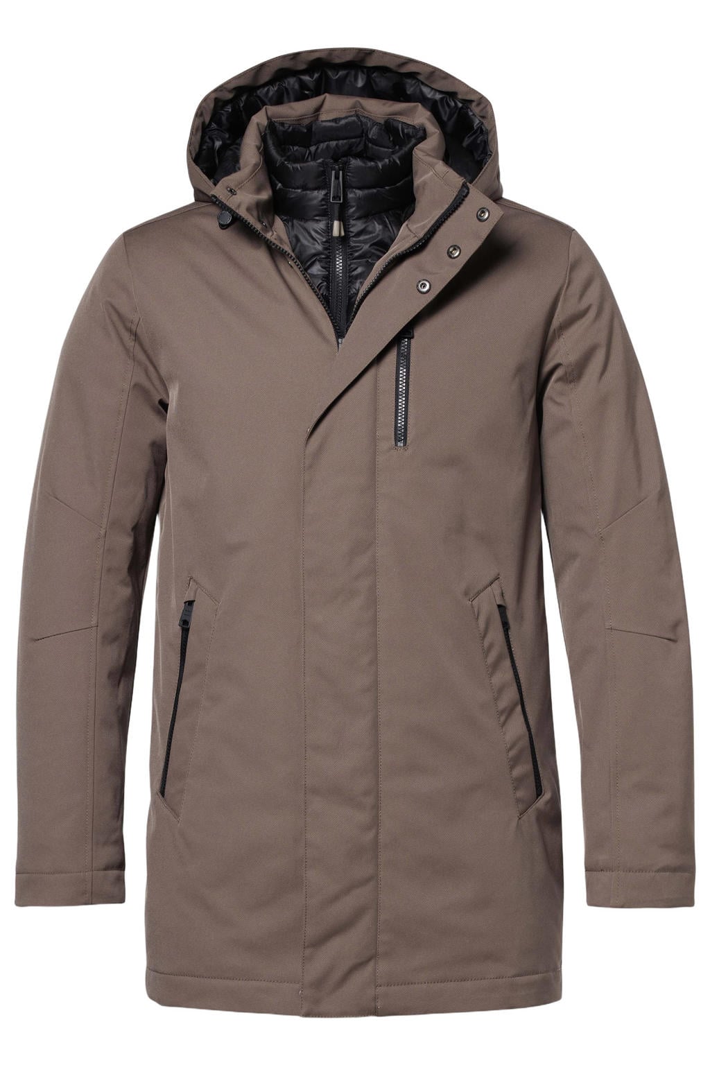 Taupe heren District winterparka donkertaupe van polyester met effen, lange mouwen, capuchon en rits- en drukknoopsluiting