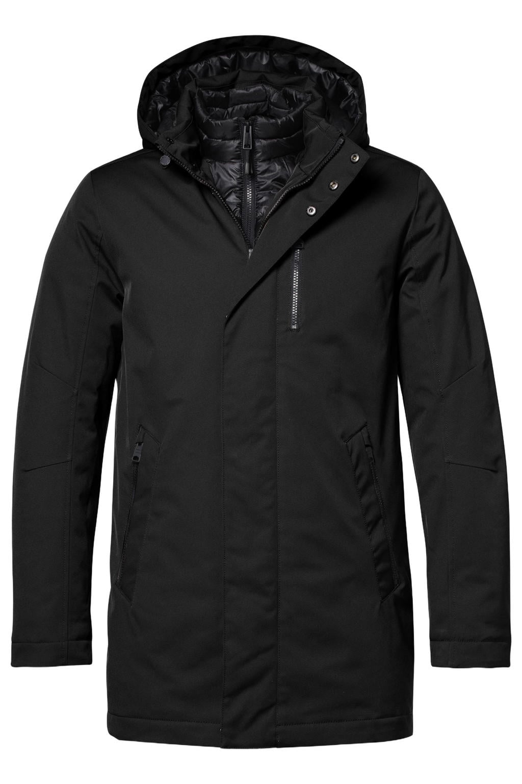 Zwarte heren District winterparka van polyester met effen, lange mouwen, capuchon en rits- en drukknoopsluiting
