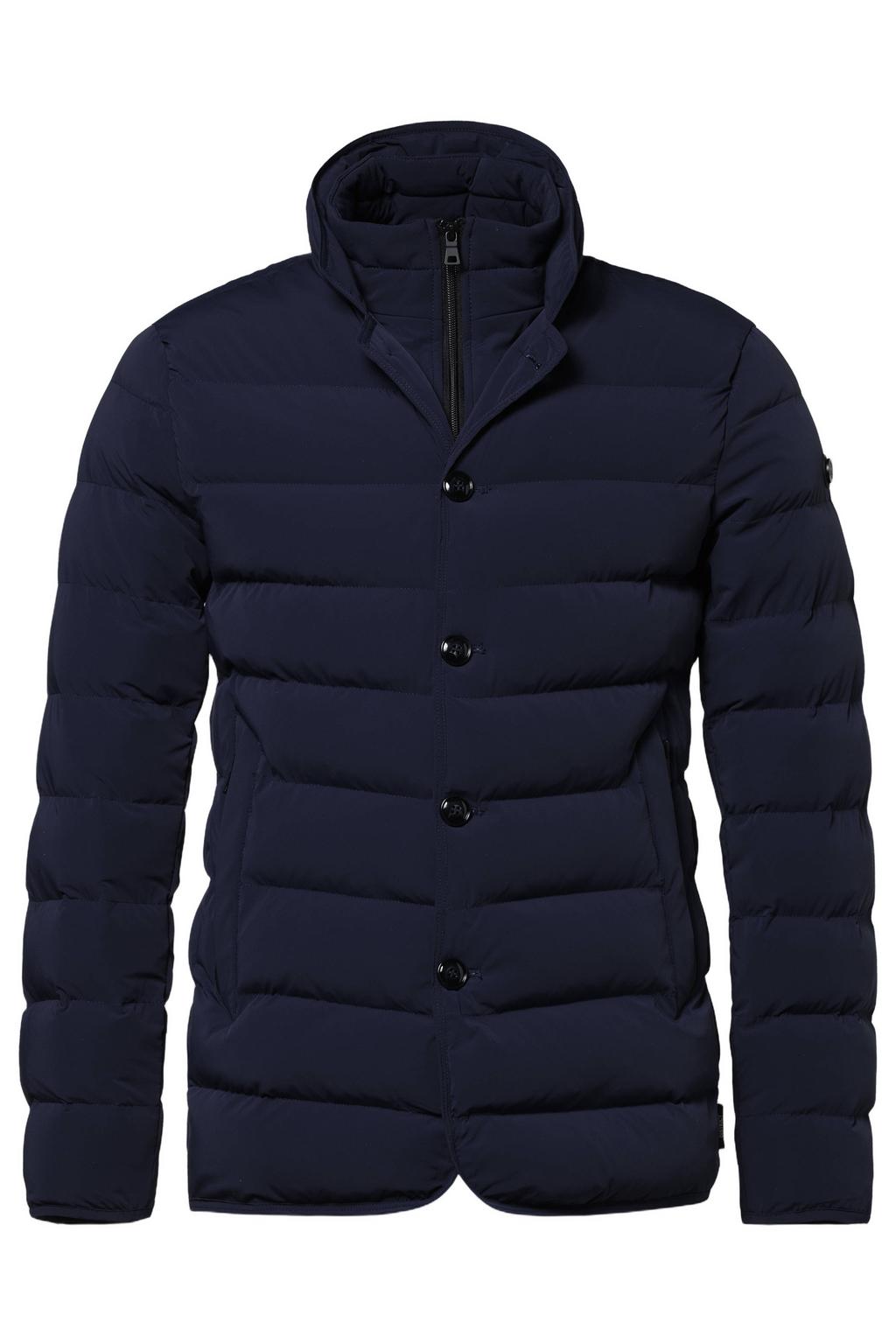 Donkerblauwe heren District winterjas van polyamide met effen, lange mouwen, opstaande kraag, rits- en knoopsluiting en doorgestikte details