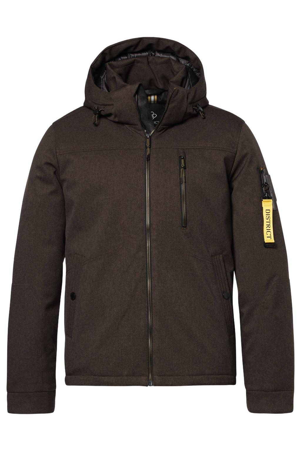 Donkerblauwe heren District gewatteerde winterjas van polyester met melée print, lange mouwen, capuchon en ritssluiting