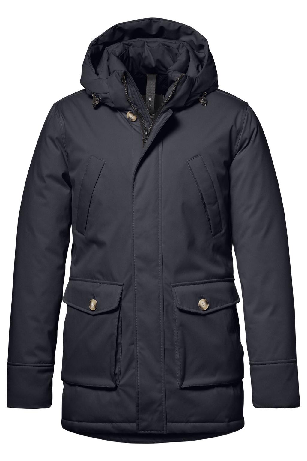 Donkerblauwe heren District winterparka van polyester met effen, lange mouwen, capuchon, rits- en knoopsluiting en doorgestikte details