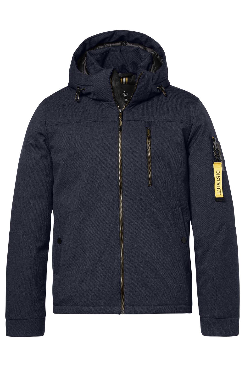 Donkerblauwe heren District winterjas van polyester met melée print, lange mouwen, capuchon en ritssluiting