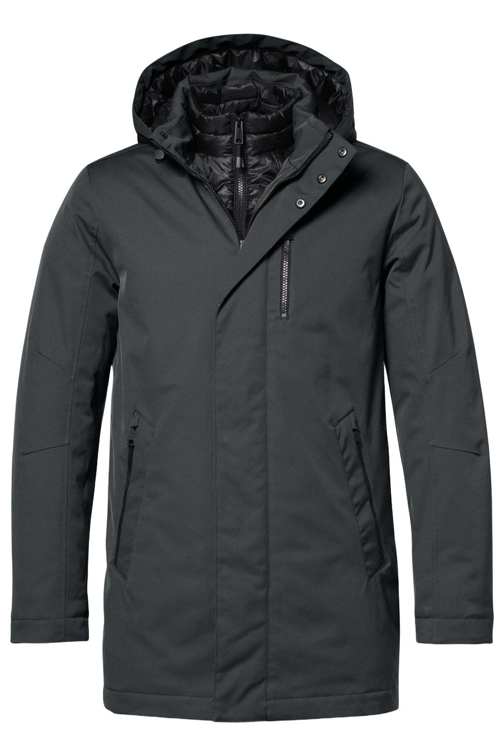 Donkergroene heren District winterparka van polyester met effen, lange mouwen, capuchon en rits- en drukknoopsluiting