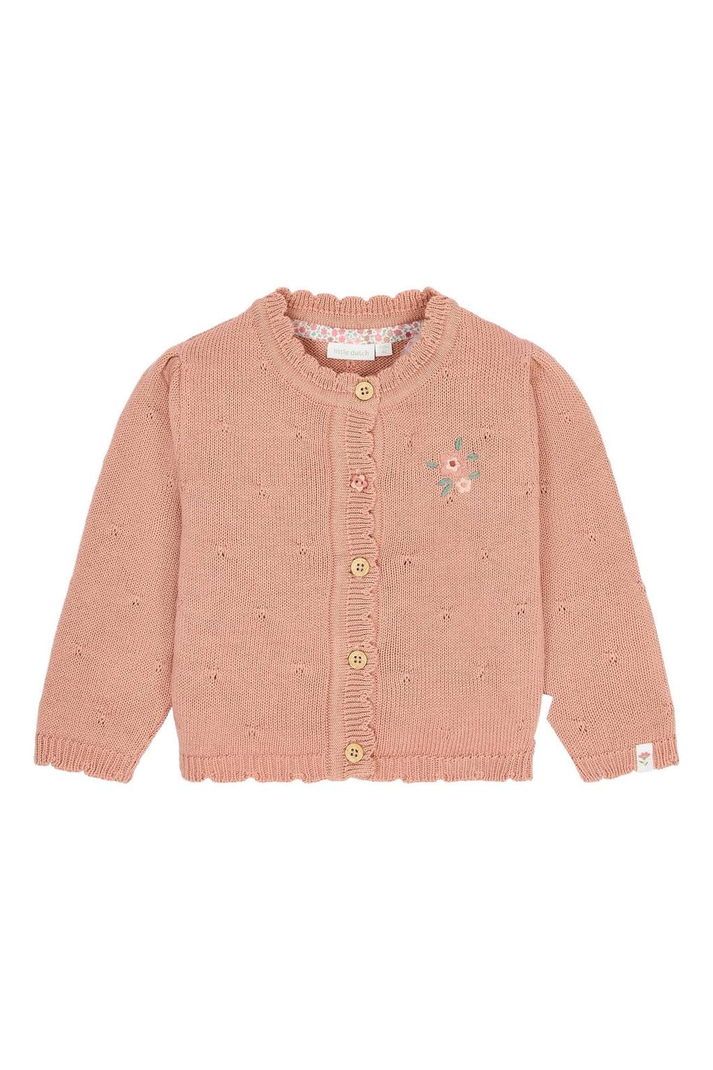 Little Dutch katoenen gebreid gebloemd vest met borduursels - roze