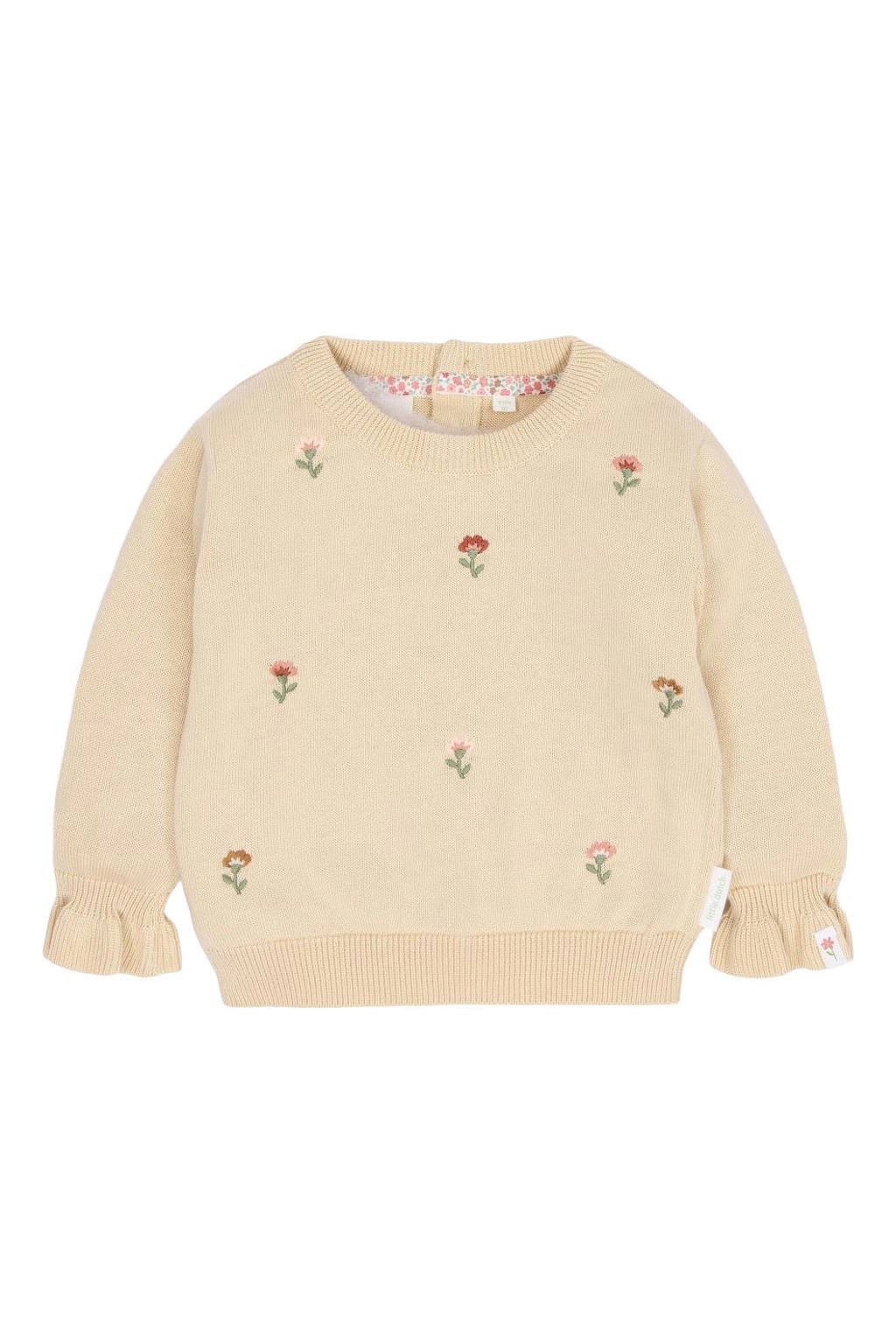 Beige meisjes Little Dutch katoenen gebreide gebloemde trui met lange mouwen, ronde hals, drukknoopsluiting en borduursels