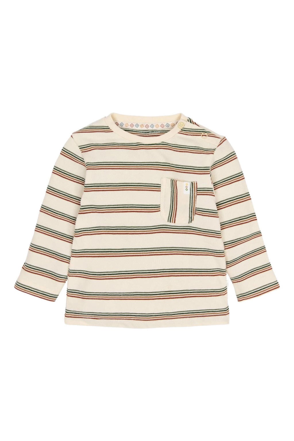 Beige jongens Little Dutch gestreepte longsleeve van katoen met lange mouwen, ronde hals en drukknoopsluiting