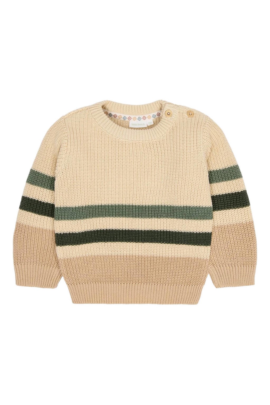 Beige en groene jongens Little Dutch junior katoenen gestreepte gebreide trui met meerkleurige print, lange mouwen, ronde hals en drukknoopsluiting