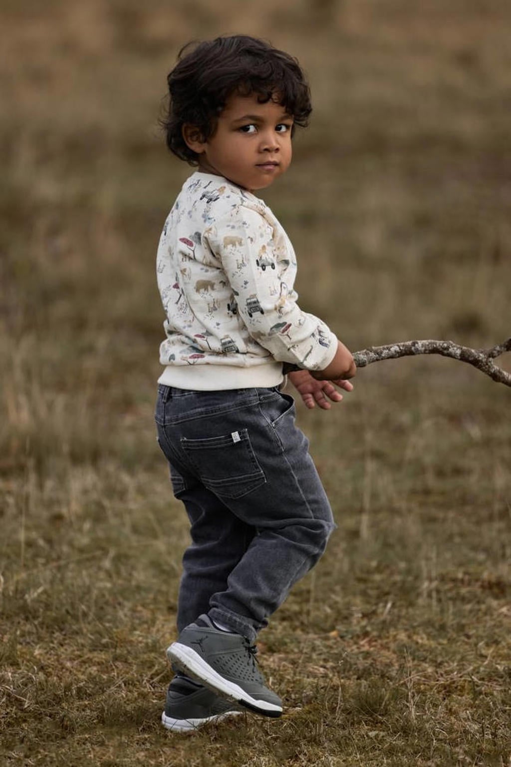 Beige en groene jongens Little Dutch sweater met lange mouwen, ronde hals, drukknoopsluiting en geribde boorden