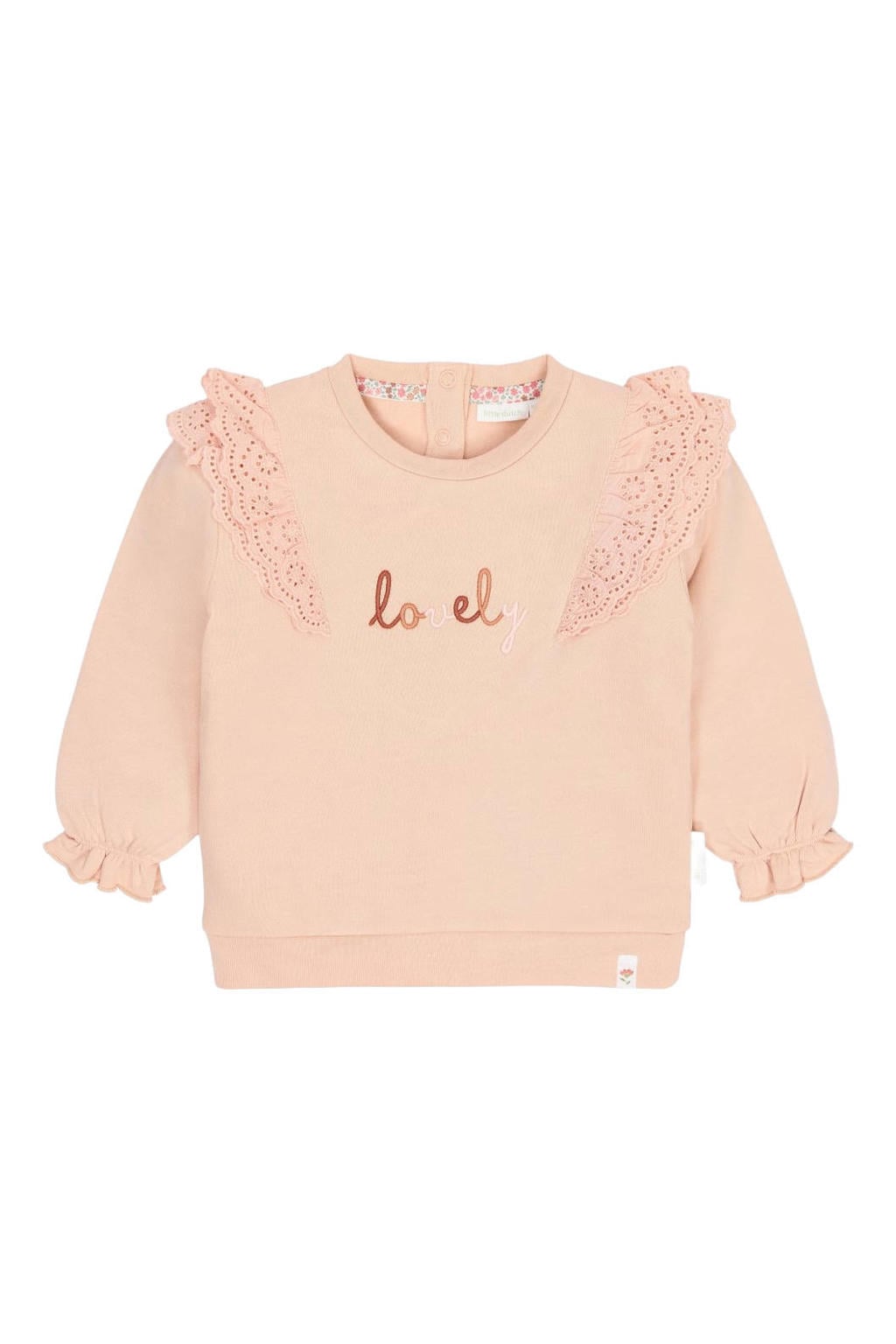 Roze meisjes Little Dutch sweater en tekst met lange mouwen, ronde hals en drukknoopsluiting