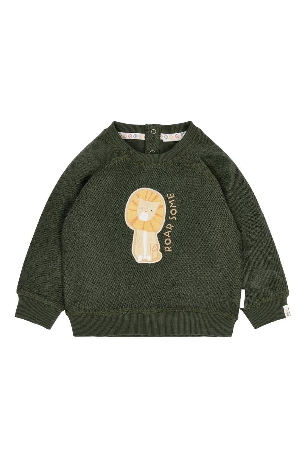 Donkergroene jongens Little Dutch van sweat materiaal met printopdruk, lange mouwen, ronde hals, drukknoopsluiting en geribde boorden