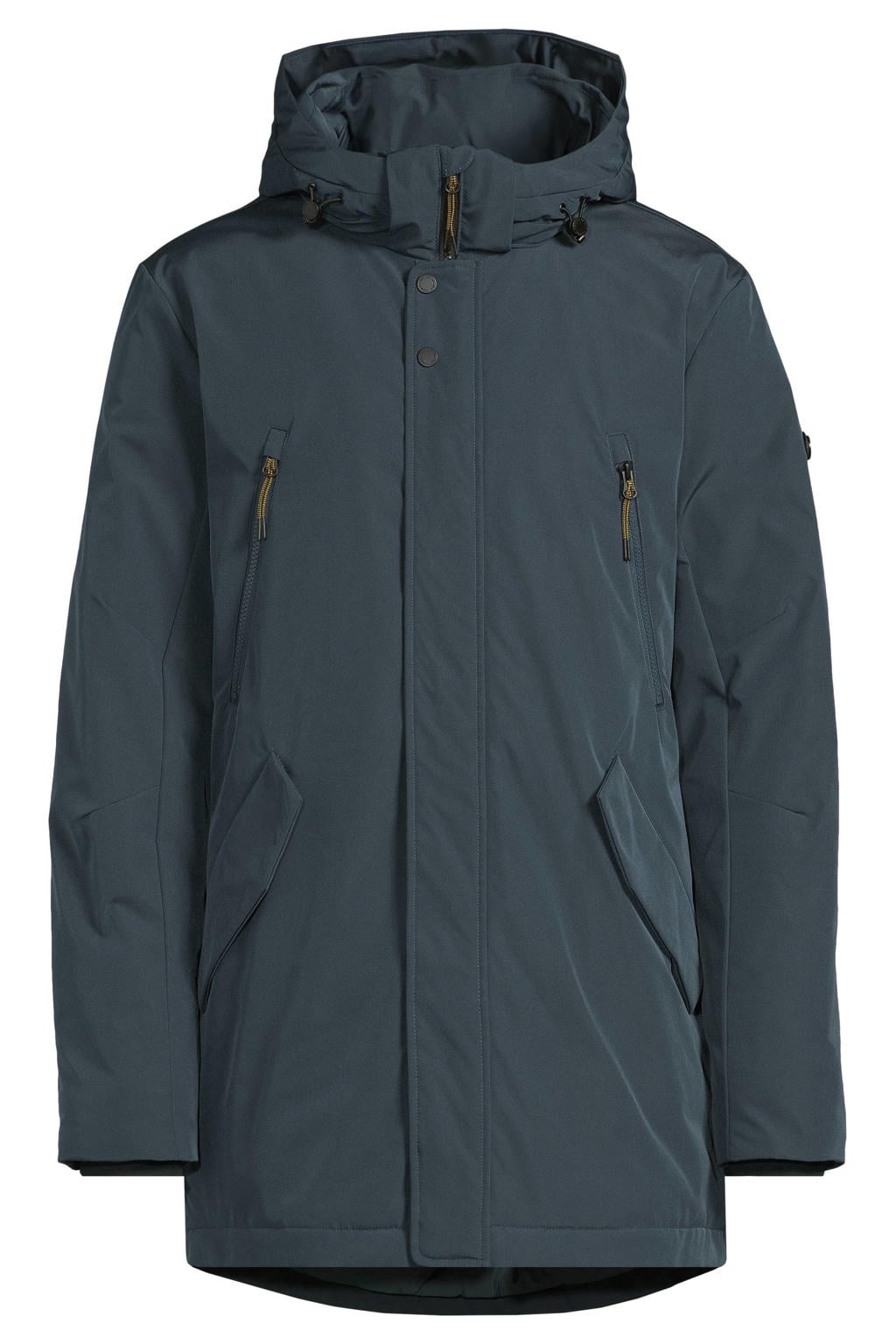 Petrolkleurige heren District winterparka donker van polyester met effen, lange mouwen, capuchon en rits- en drukknoopsluiting