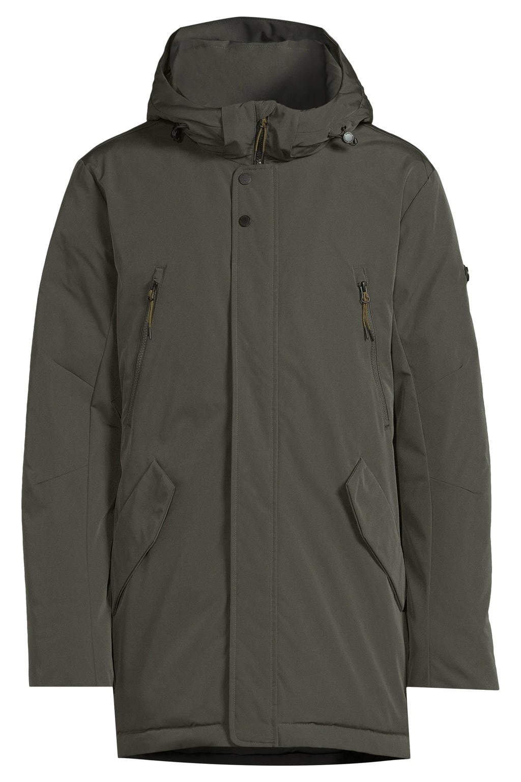 Donkergroene heren District winterparka van polyester met effen, lange mouwen, capuchon en rits- en drukknoopsluiting