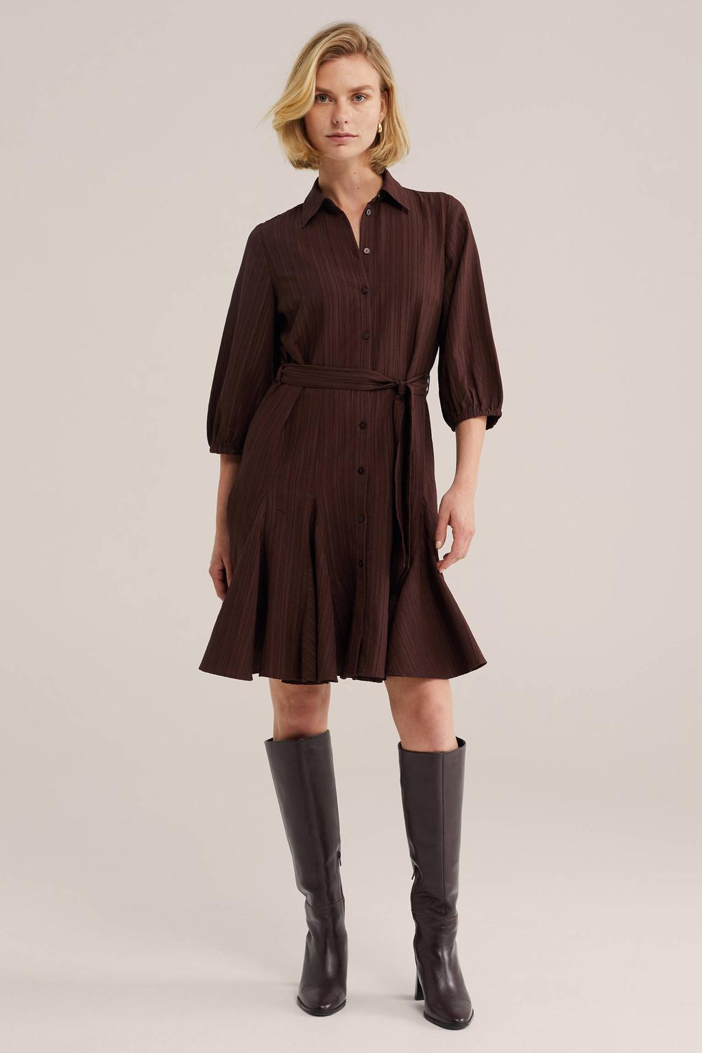 Donkerrode dames WE Fashion blousejurk van polyester met stippenprint, driekwart mouwen, klassieke kraag, knoopsluiting en ceintuur
