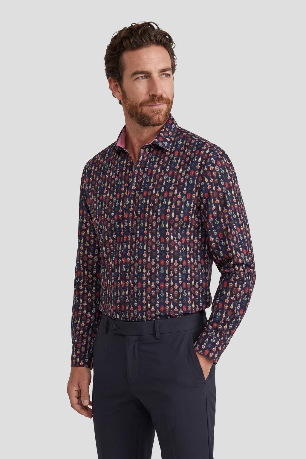 Donkerblauwe heren A fish named Fred regular fit casual overhemd van katoen met lange mouwen en klassieke kraag