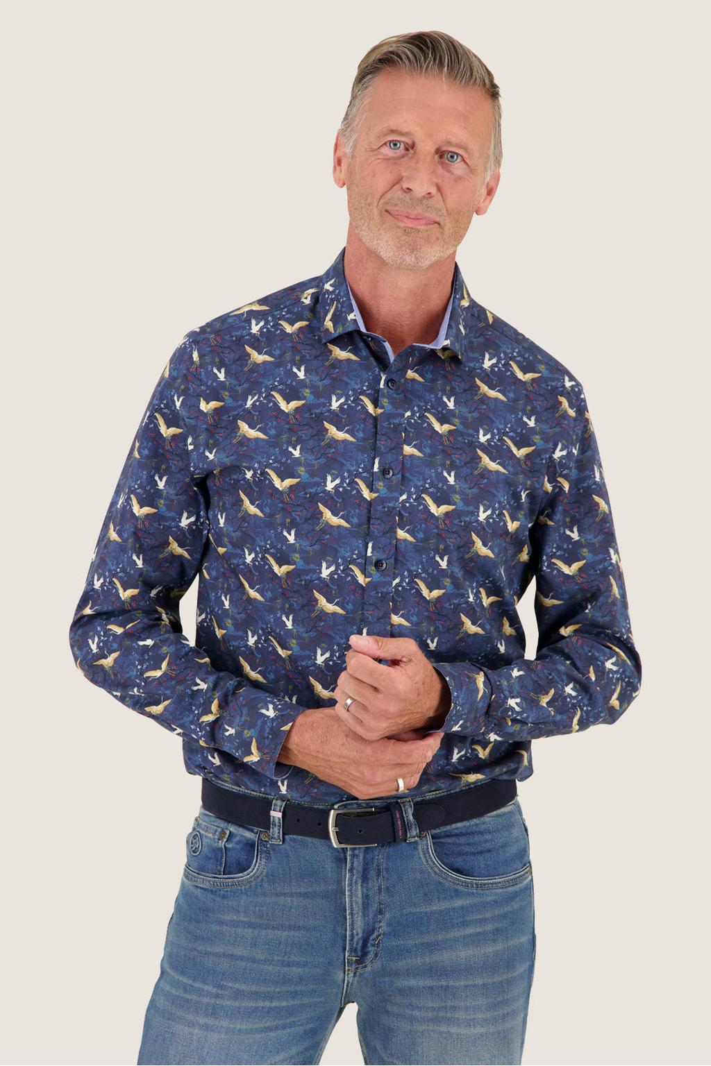 Donkerblauwe heren A fish named Fred regular fit overhemd van katoen met lange mouwen en klassieke kraag