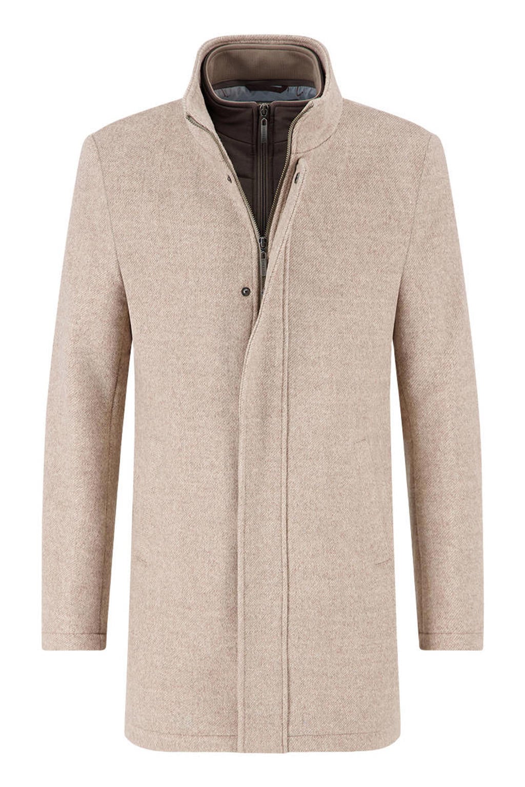 Beige heren A fish named Fred mantel van wol met effen, lange mouwen, opstaande kraag en rits- en drukknoopsluiting