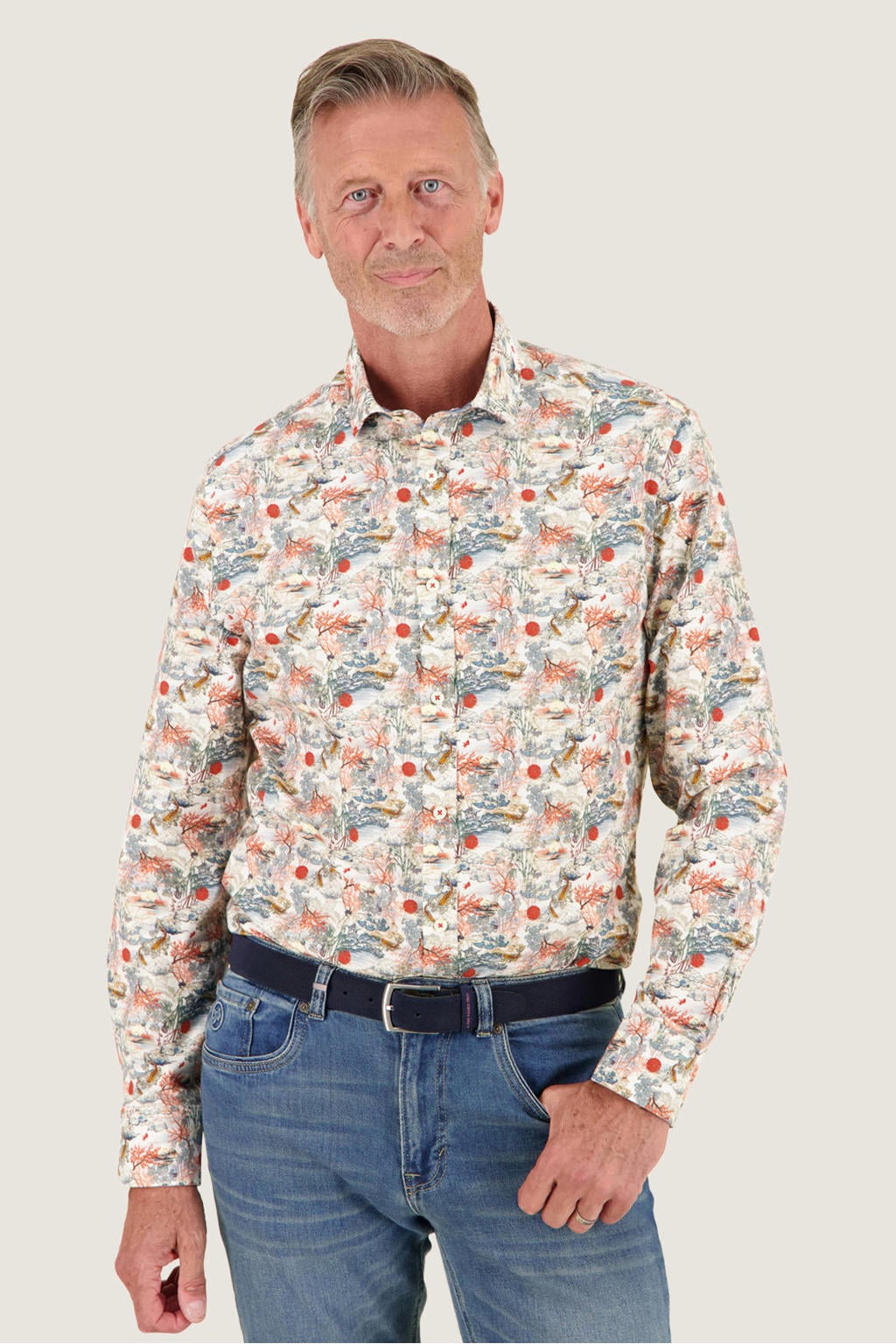 Ecru heren A fish named Fred regular fit casual overhemd van katoen met lange mouwen en klassieke kraag