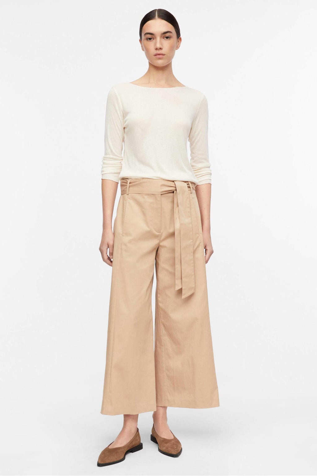 comma high waist wide leg broek met ceintuur - beige
