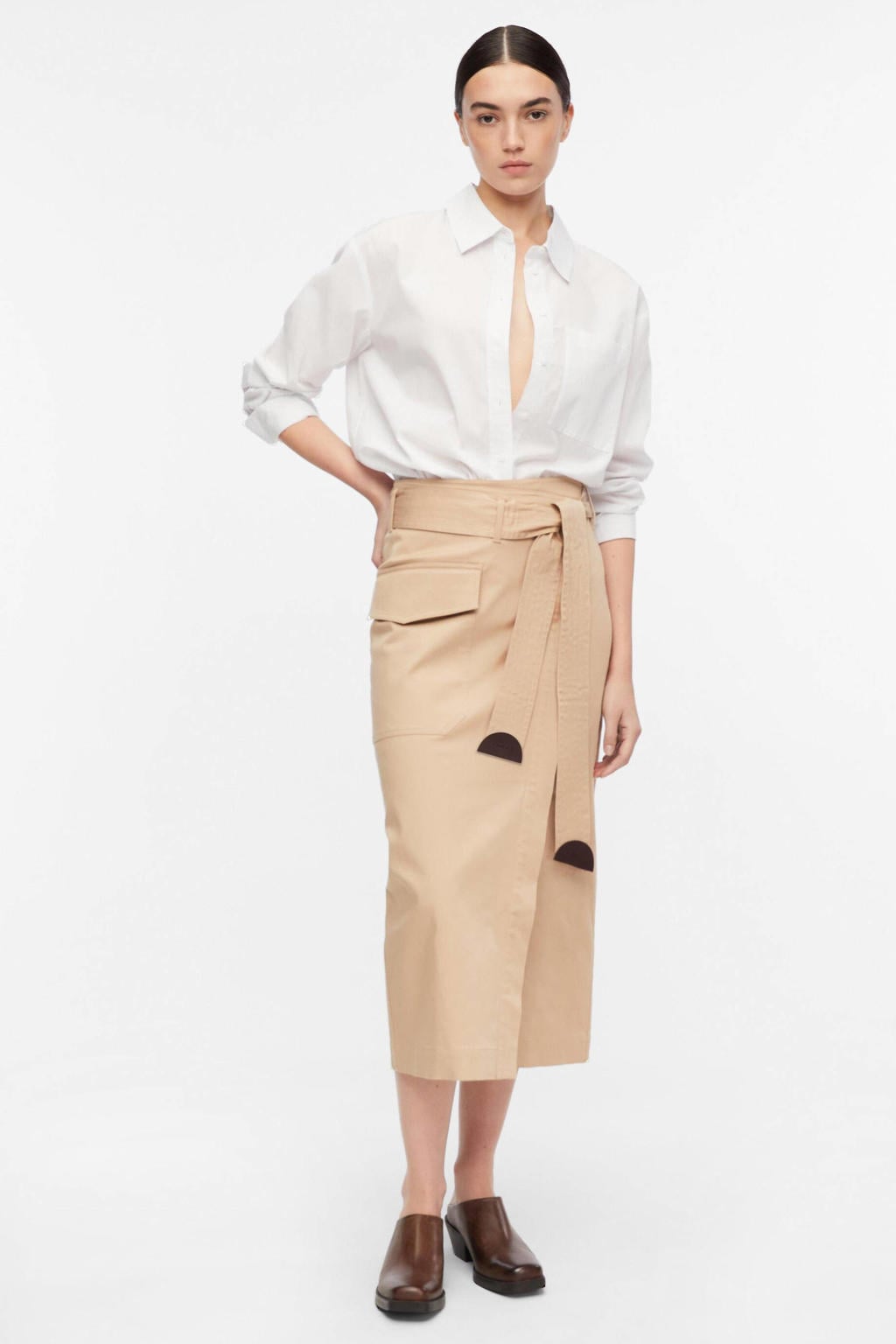 comma lyocell midi rok met ceintuur - beige