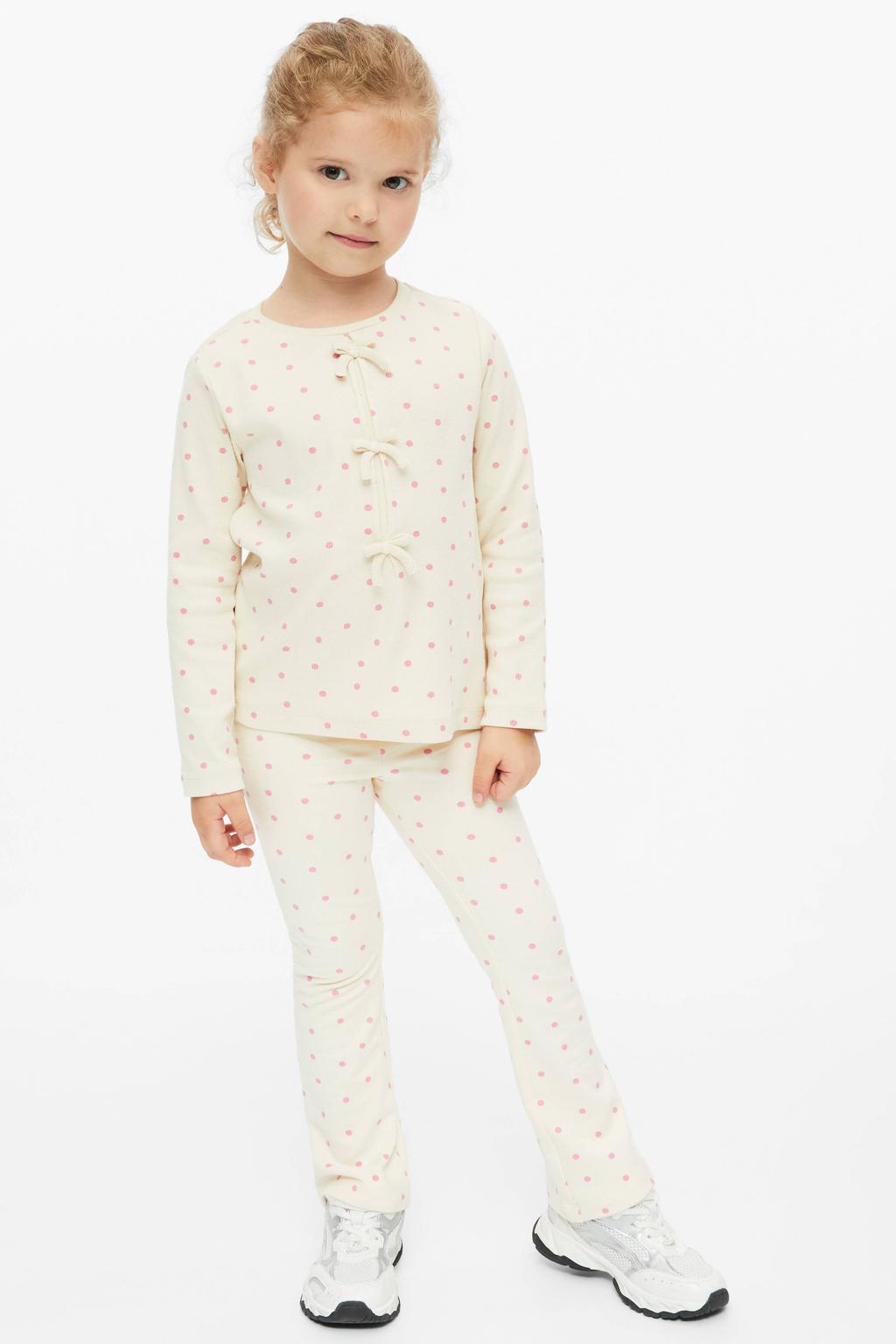 Ecru en roze meisjes s.Oliver longsleeve van stretchkatoen met stippenprint, lange mouwen, ronde hals en strikje