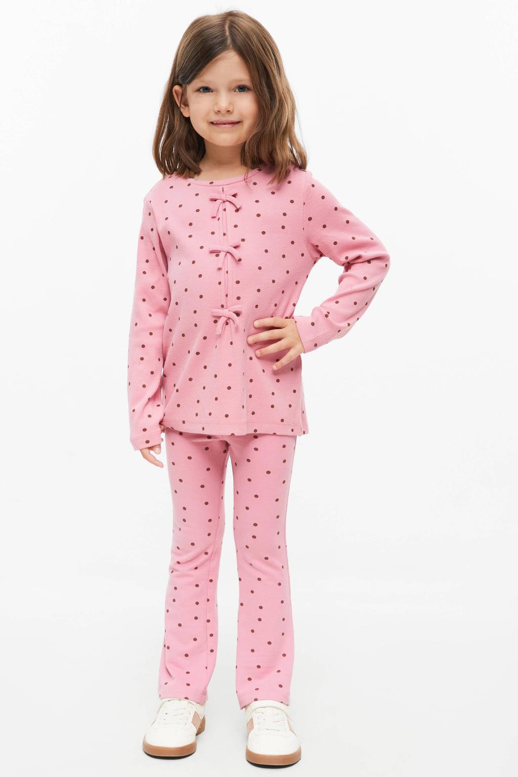 Roze en bruine meisjes s.Oliver longsleeve van stretchkatoen met stippenprint, lange mouwen, ronde hals en strikje
