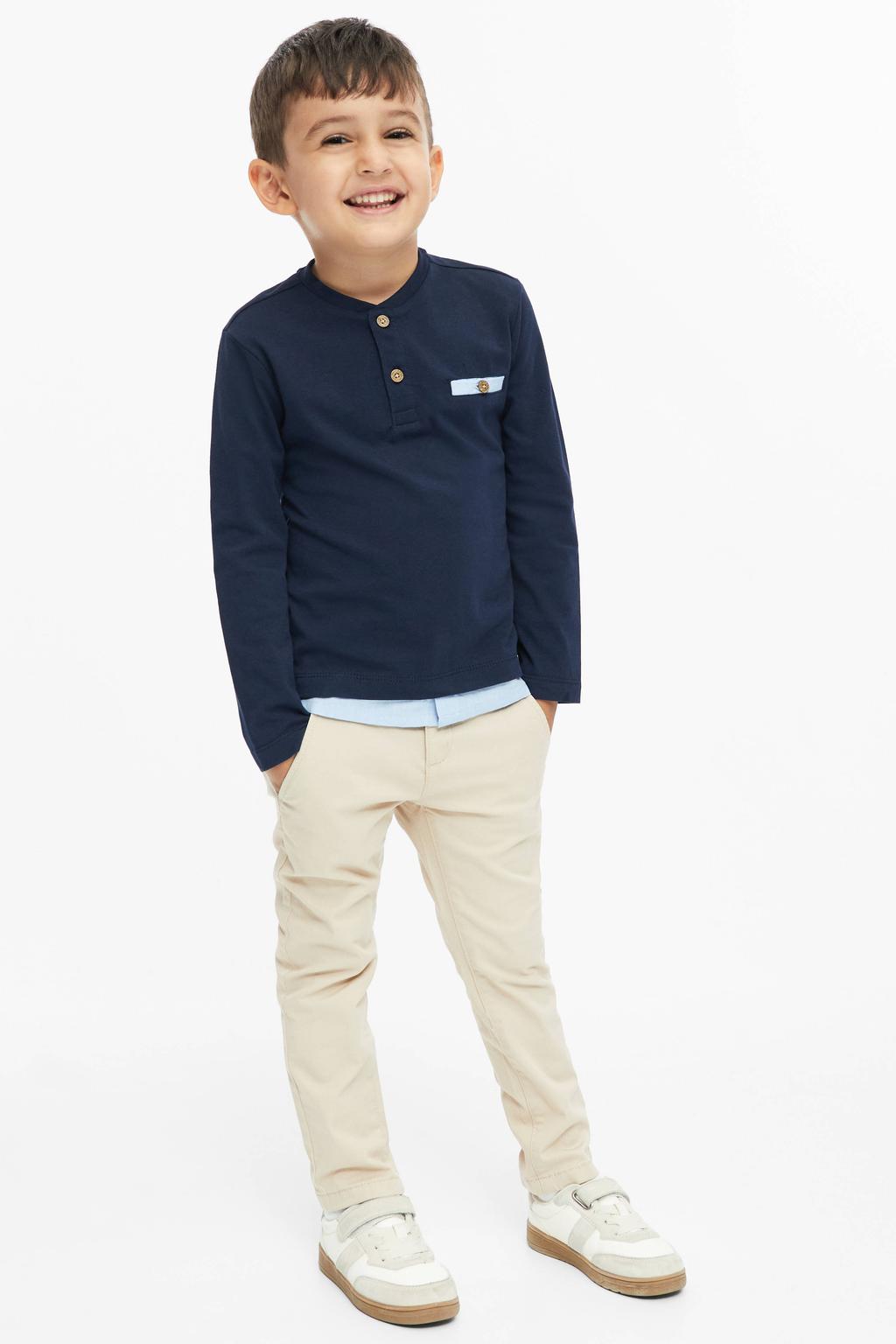 Donkerblauwe jongens s.Oliver longsleeve van katoen met effen, lange mouwen, ronde hals en knoopsluiting