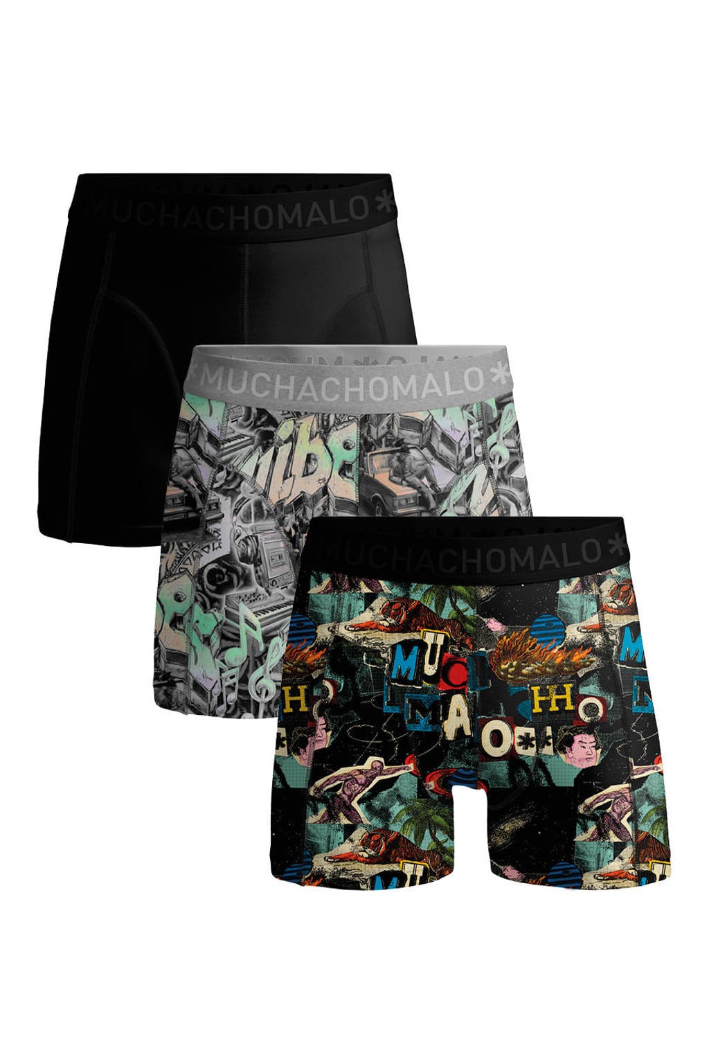 Muchachomalo boxershorts met print - zwart/grijs (set van 3)