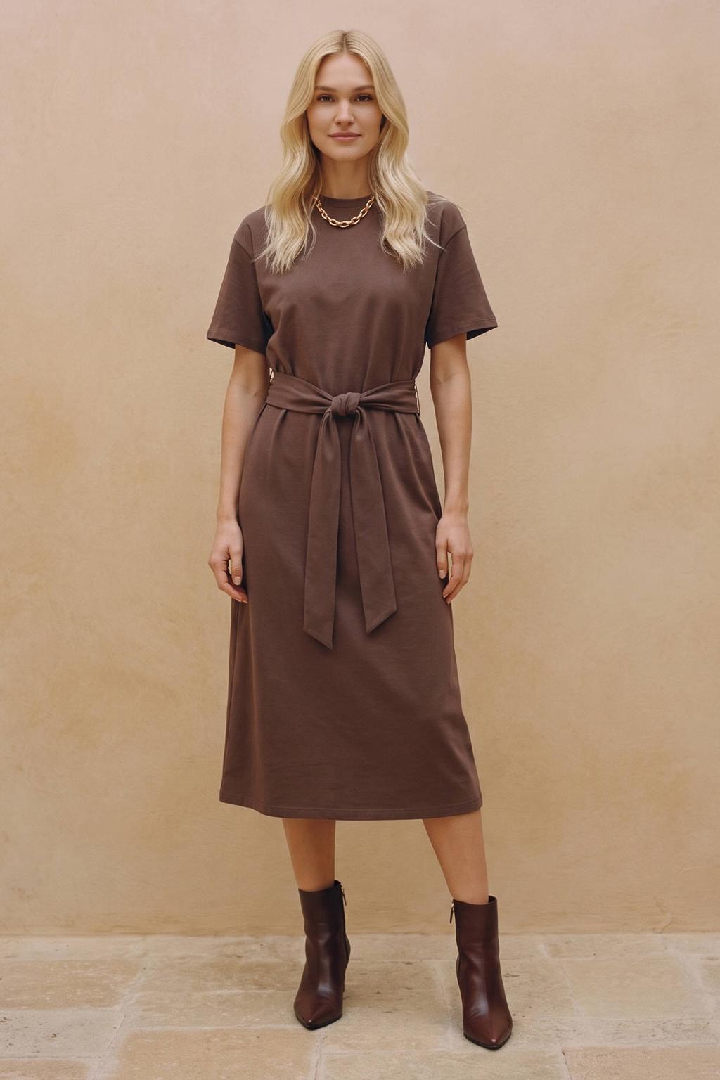 Bruine dames VERO MODA T-shirtjurk van katoen met effen, korte mouwen, ronde hals, striksluiting en ceintuur