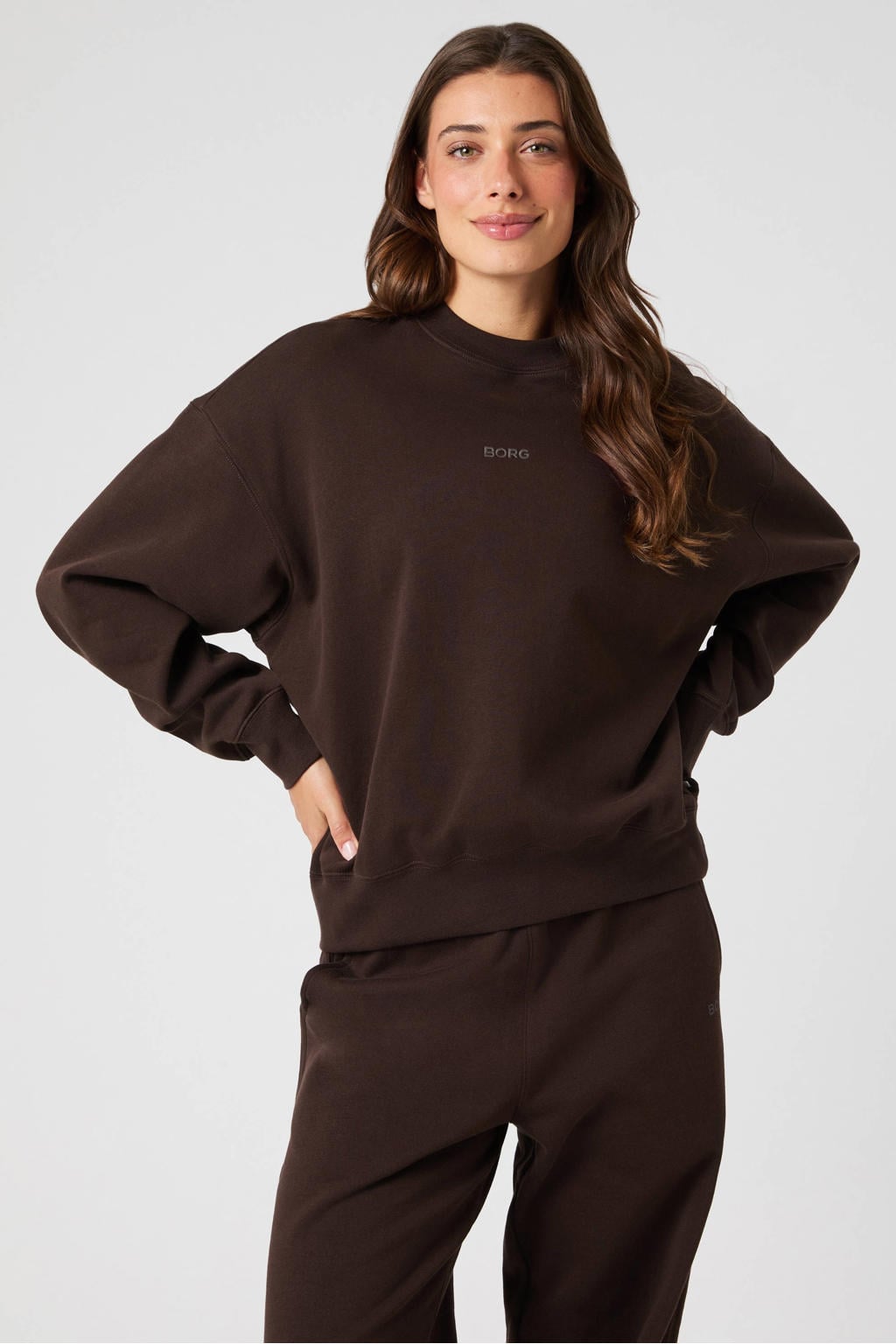 Bruine dames Björn Borg sweater van katoen met effen, lange mouwen en ronde hals