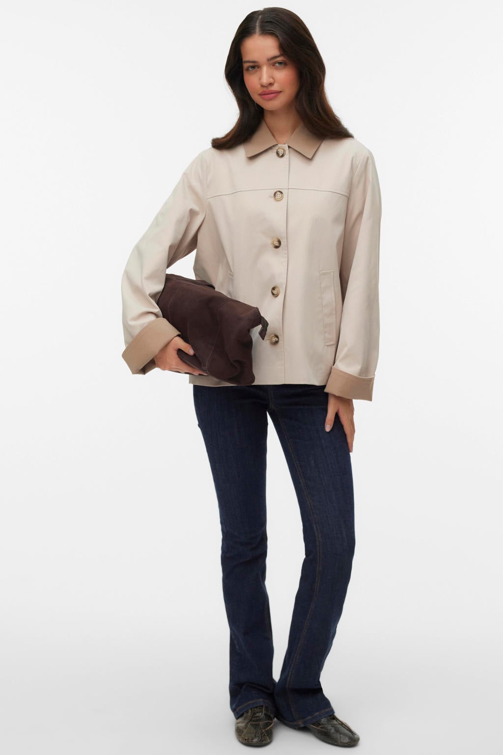 Ecru dames VERO MODA jas van polyester met effen, lange mouwen, widespread hals en knoopsluiting