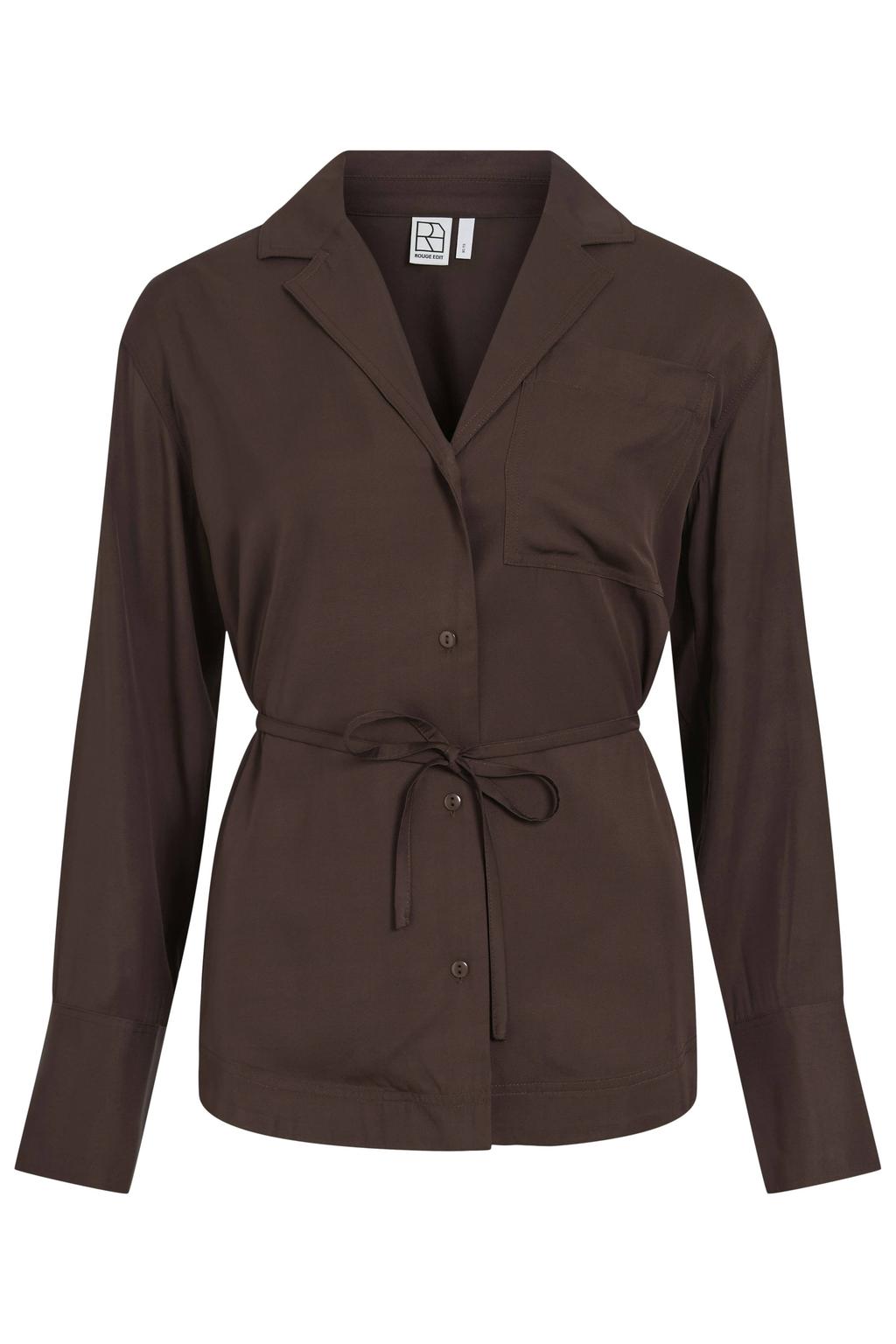 Donkerblauwe dames ROUGE EDIT blouse van viscose met effen, lange mouwen, reverskraag, knoopsluiting en ceintuur