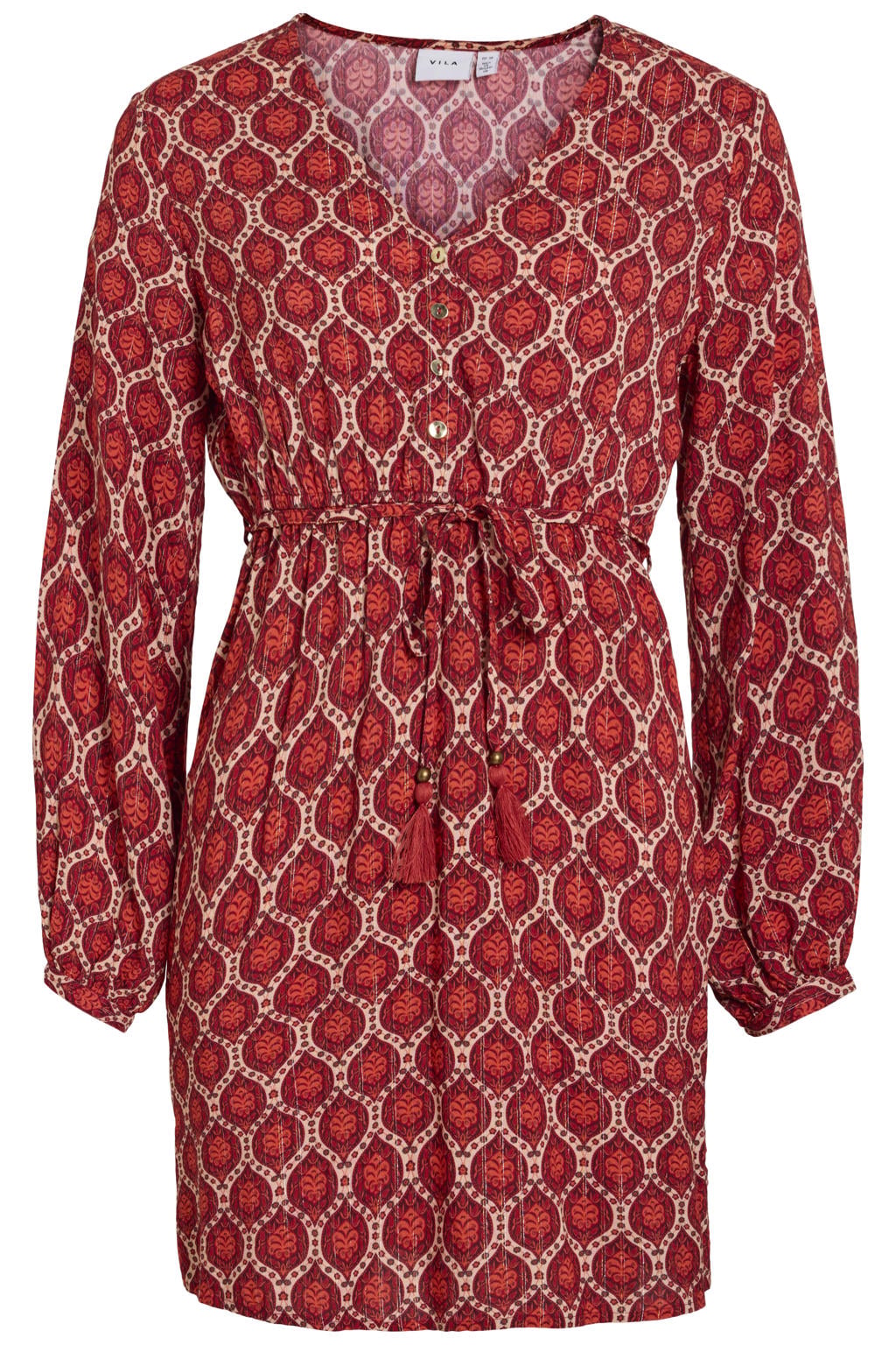 Roodbruin, rood en ecru dames VILA viscose mini jurk met print bruin met lange mouwen, V-hals en knoopsluiting
