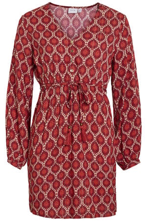 viscose mini jurk met ceintuur en print - roodbruin